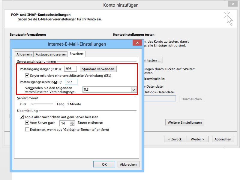 Web.de-Postfach in Outlook mit SSL-Verbindung einrichten