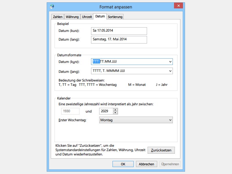 Windows 7, 8: Wochentag in der Task-Leiste anzeigen