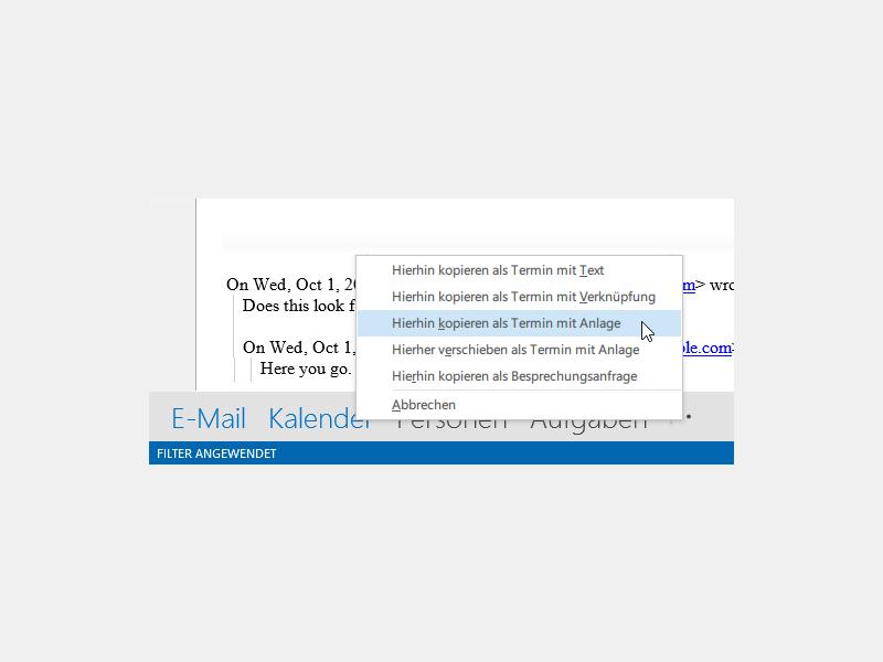 Outlook: eMail-Anlagen in Kalender-Termine kopieren