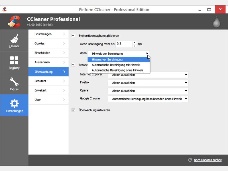 CCleaner: System automatisch überwachen lassen
