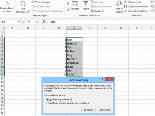 excel-sortieren-markierung-erweitern-warnung