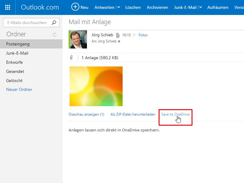 Outlook.com: Anlagen direkt in OneDrive speichern