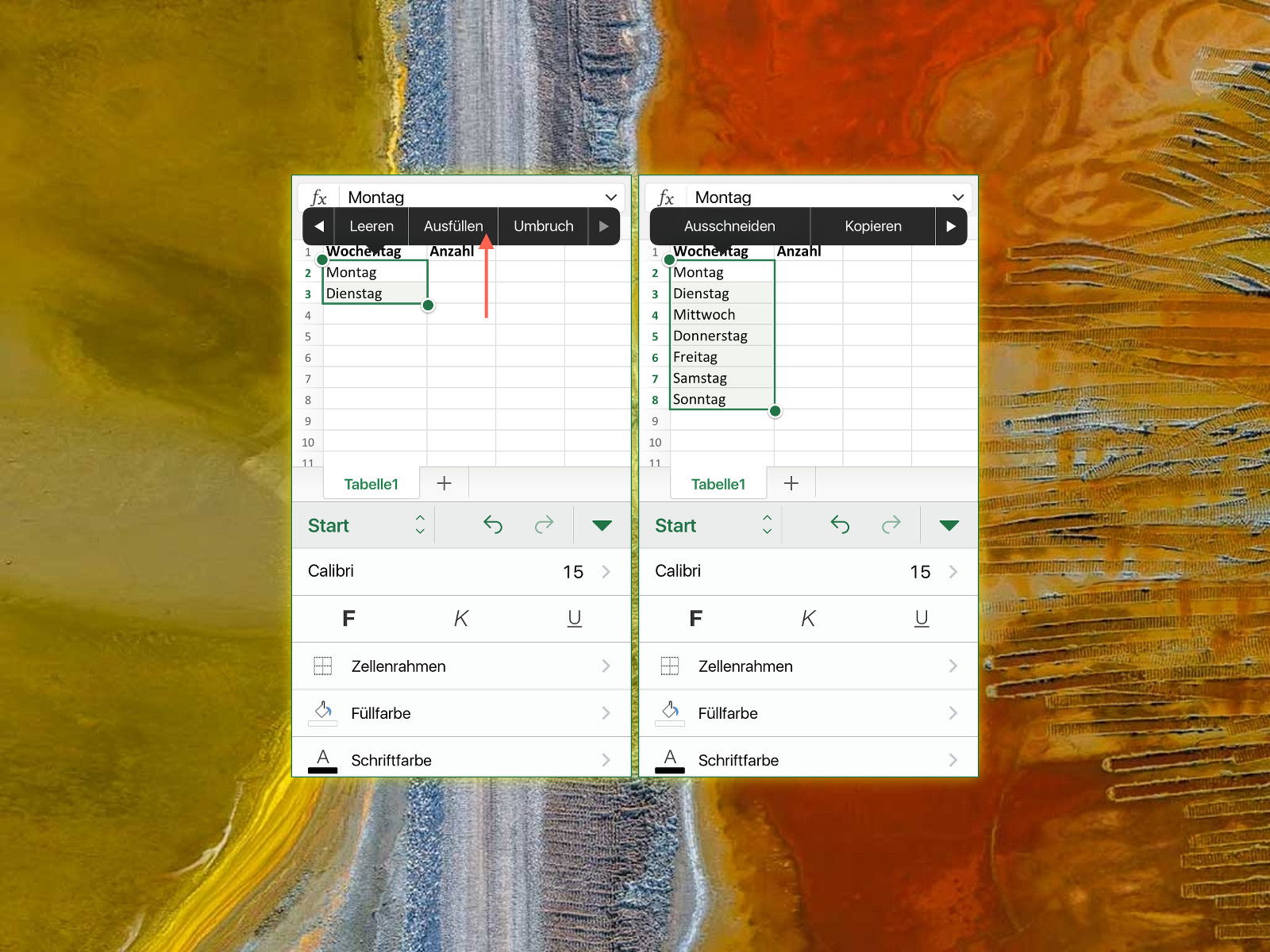 AutoAusfüllen in Excel für iPad und iPhone verwenden