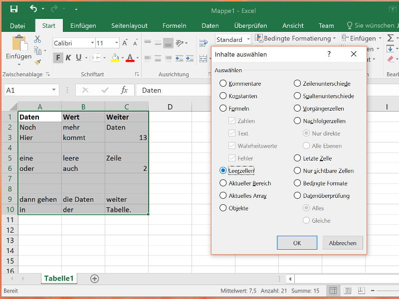 Excel: Alle leeren Zeilen auf einmal löschen