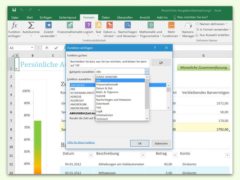 Excel: Parameter für eingebaute Funktionen abrufen