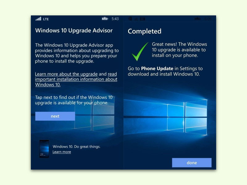 Update-Ratgeber für Windows 10 am Smartphone