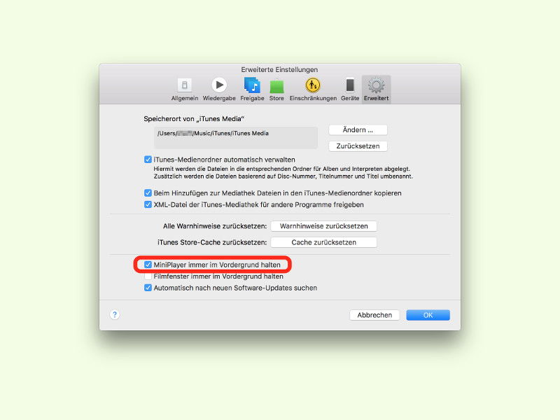 Mini-Player von iTunes immer im Vordergrund anzeigen
