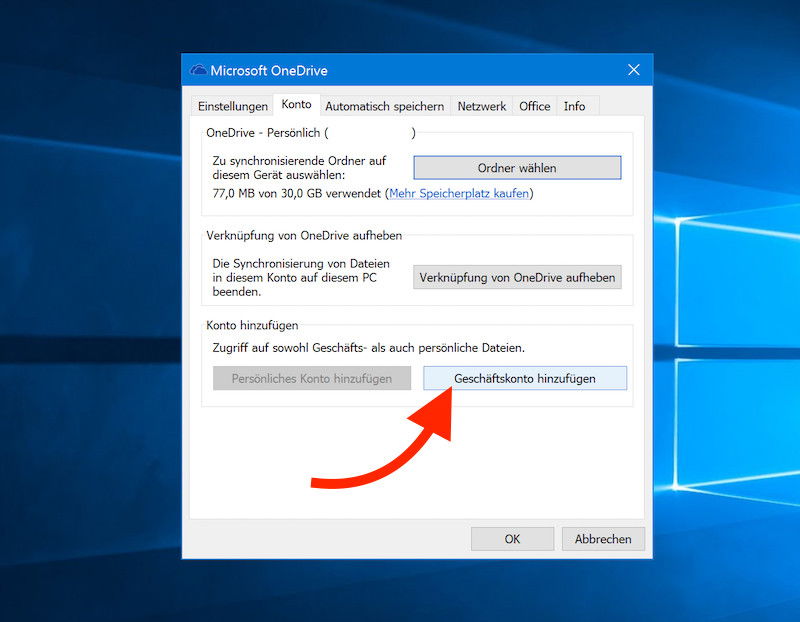 OneDrive für Windows: Konto für das Unternehmen hinzufügen