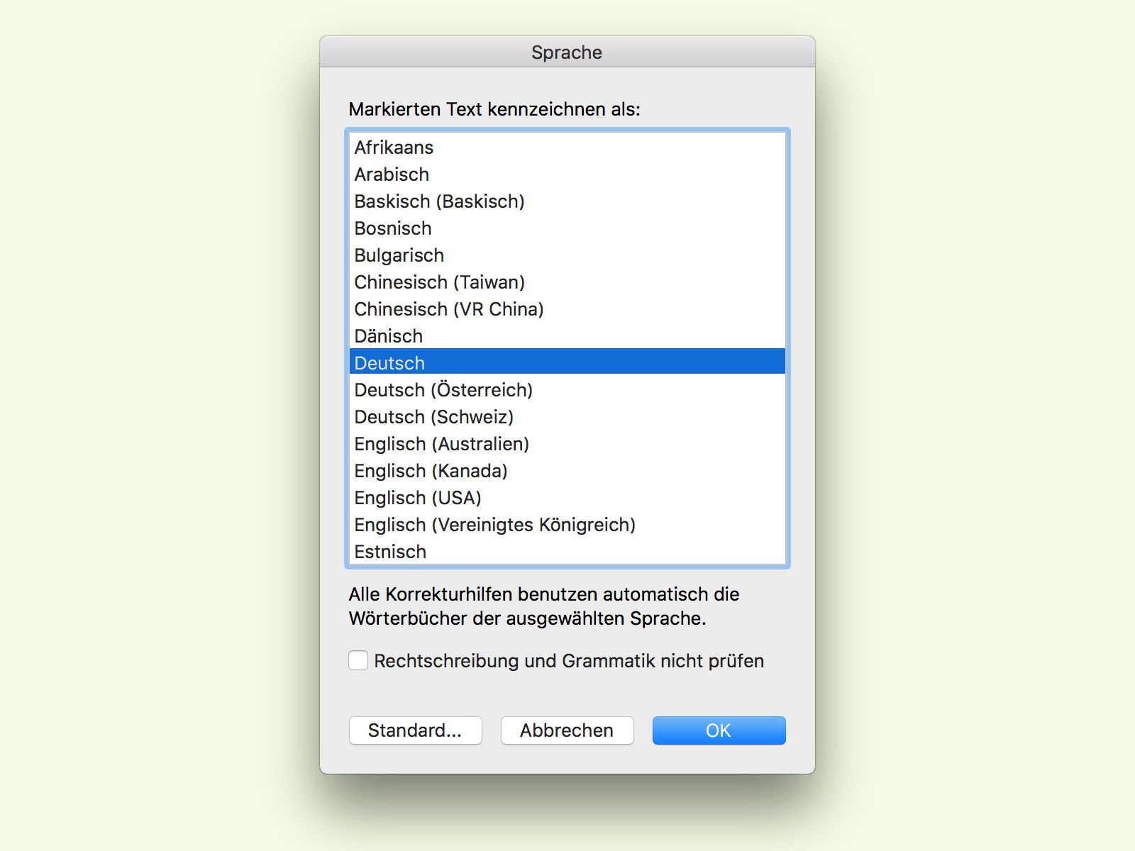 Erkannte Sprache in einem Word-Dokument schnell umstellen