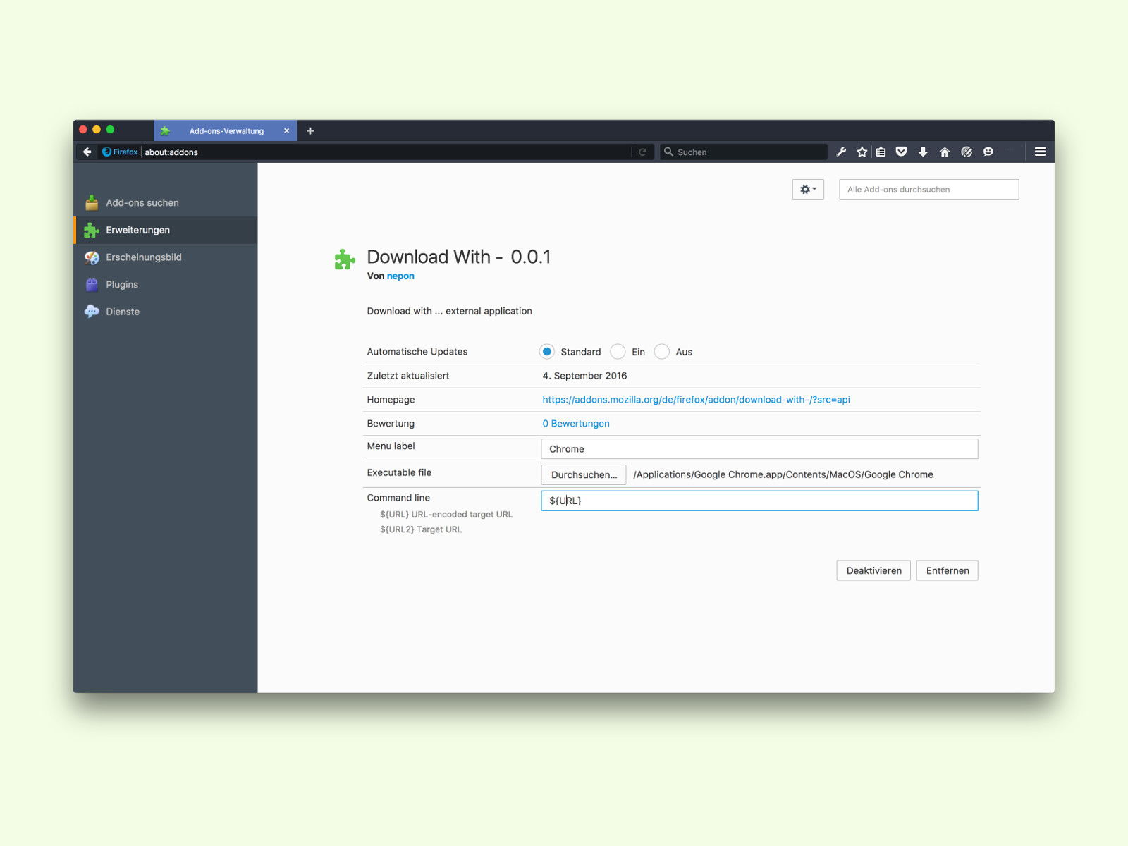 Firefox-Downloads an externe App senden