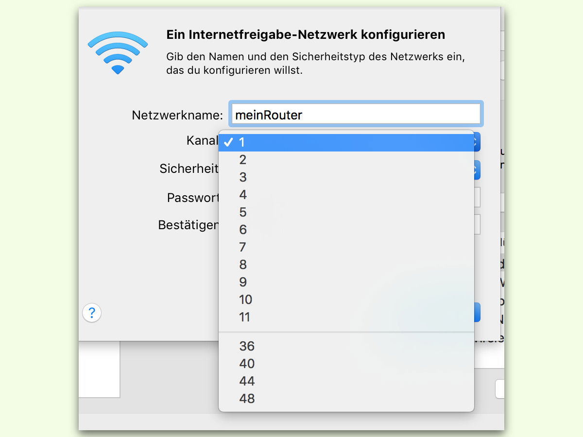 Kanal der Internet-Freigabe anpassen