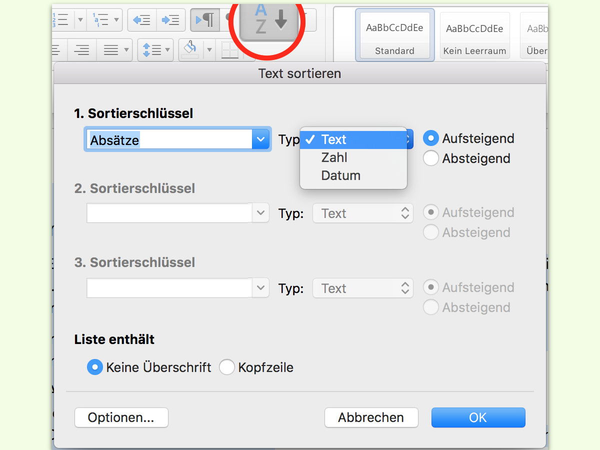 Mehrere Zeilen in Word sortieren