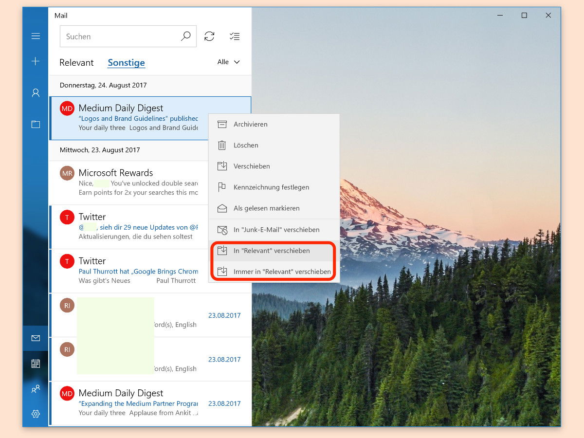 Mail für Windows 10: eMail als relevant markieren