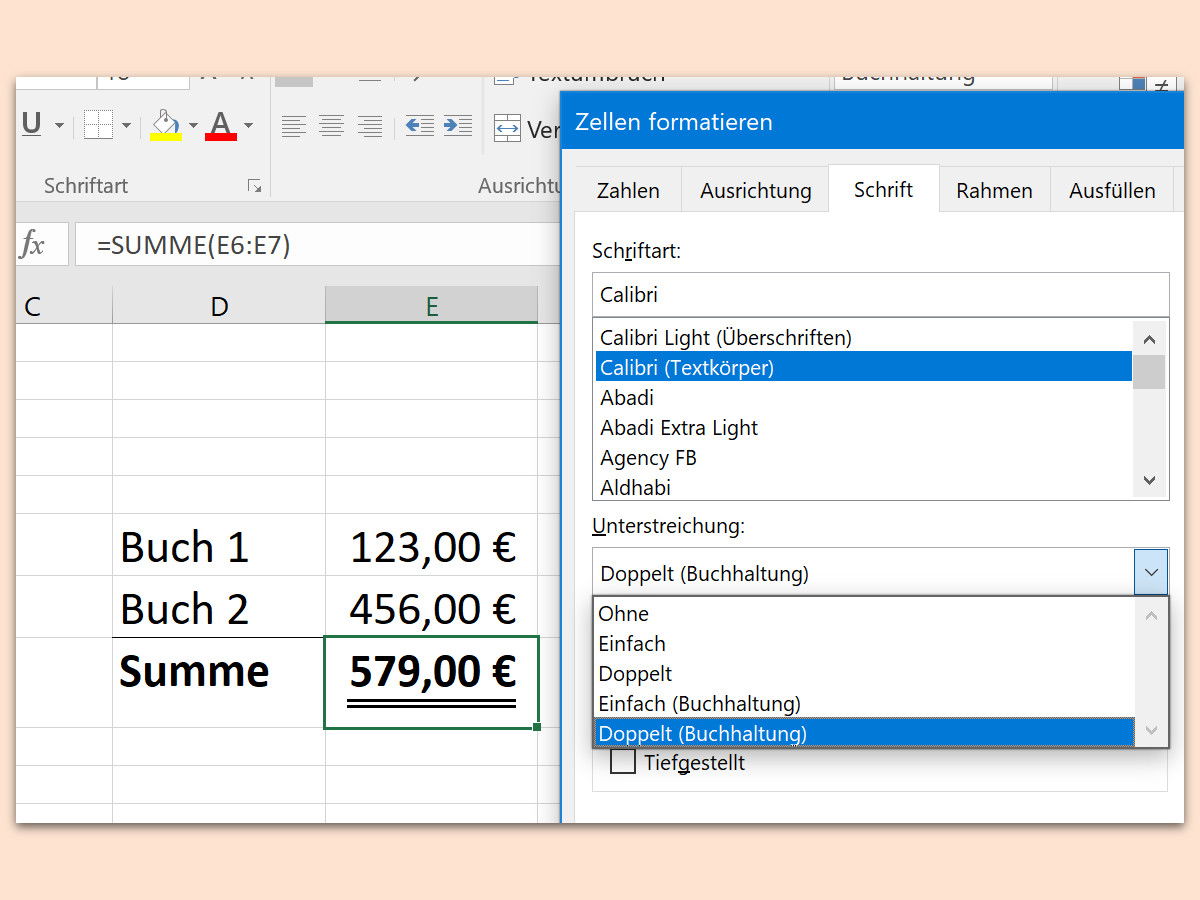 Kaufmännisch unterstreichen in Excel