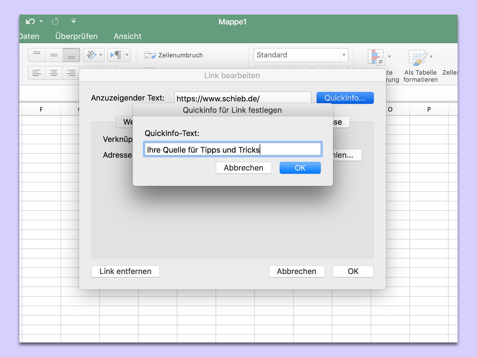 Excel: Info-Text für Links anpassen