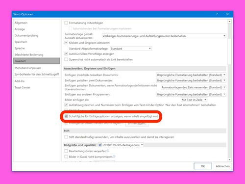 Optionen zum Einfügen nicht mehr anzeigen