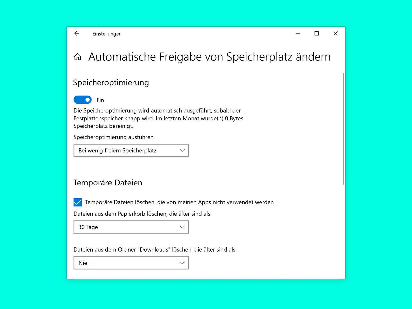 Speicher-Optimierung einschalten und konfigurieren