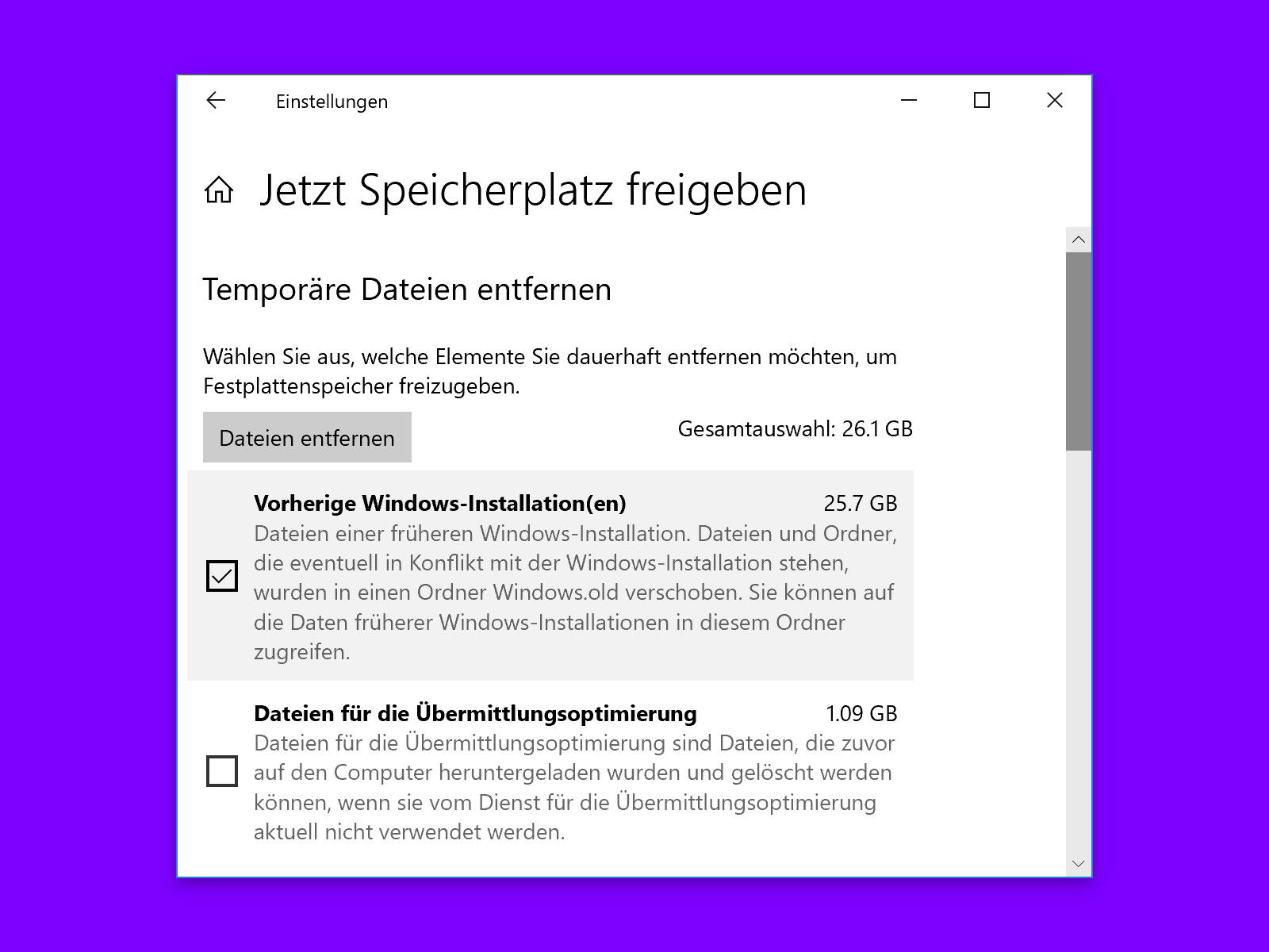 Mehr Platz nach dem 1809-Update