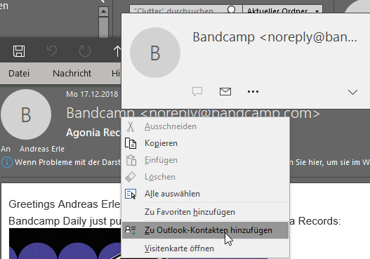 Unbekannten Absender als Outlook-Kontakt anlegen