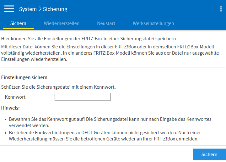 Sichern der Fritz!Box-Konfiguration