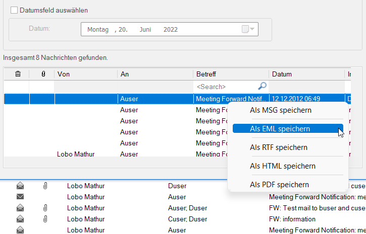 Der User entscheidet selbst, in welchem Format die konvertierten Mails gespeichert werden