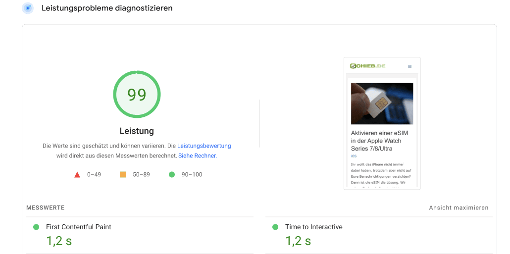 PageSpeed von schieb.de: Gute Ergebnisse