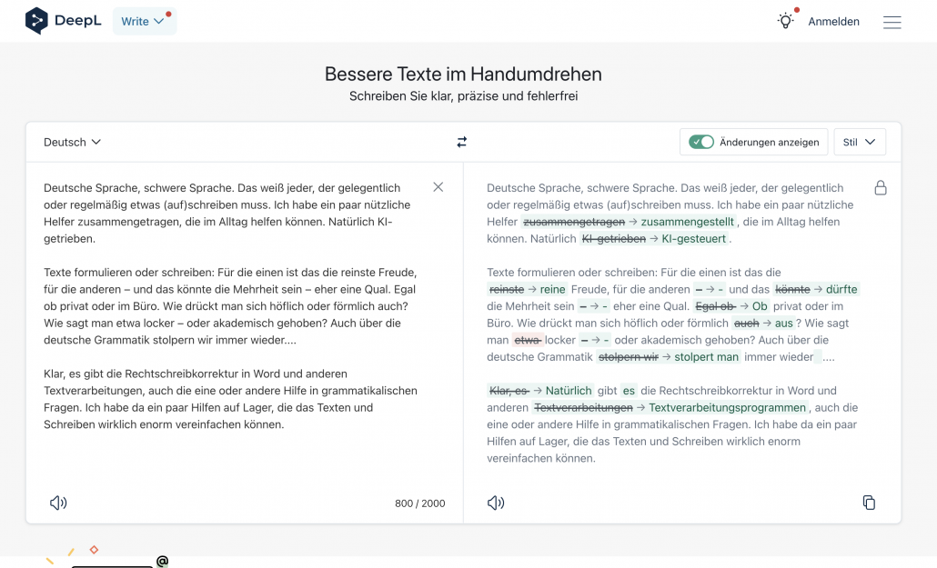 Deepl Write korrigiert nicht nur Schreibfehler, sondern macht auch Verbesserungsvorschläge