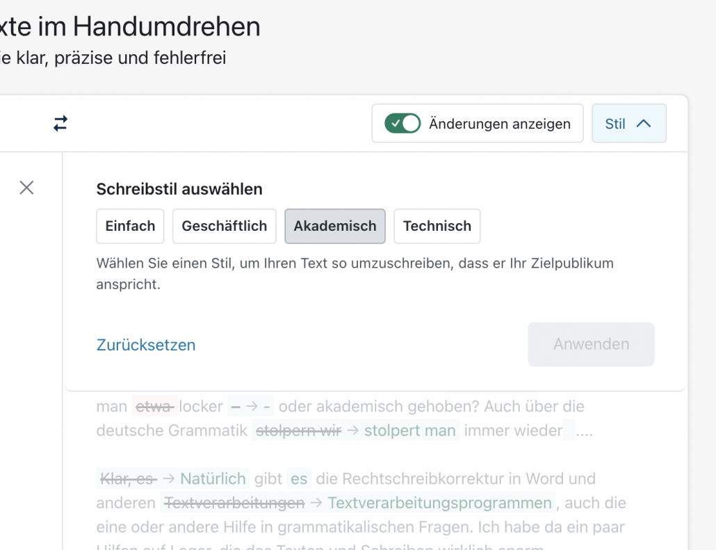 Der Wechsel von locker zu akademisch ist mit Deepl Write einfach