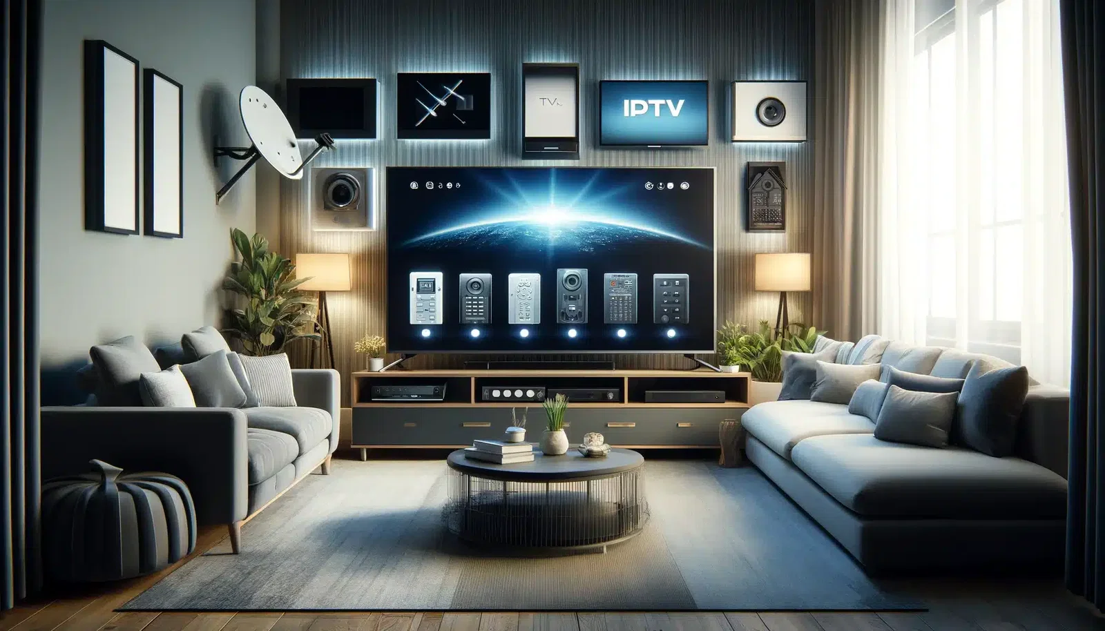 dall·e 2024 05 09 10.11.10 a modern living room in a 16 9 aspect ratio featuring a large television. the room is well decorated, with a comfortable sofa and a coffee table. ther Qual der Wahl: Man auf verschiedene Arten fernsehen