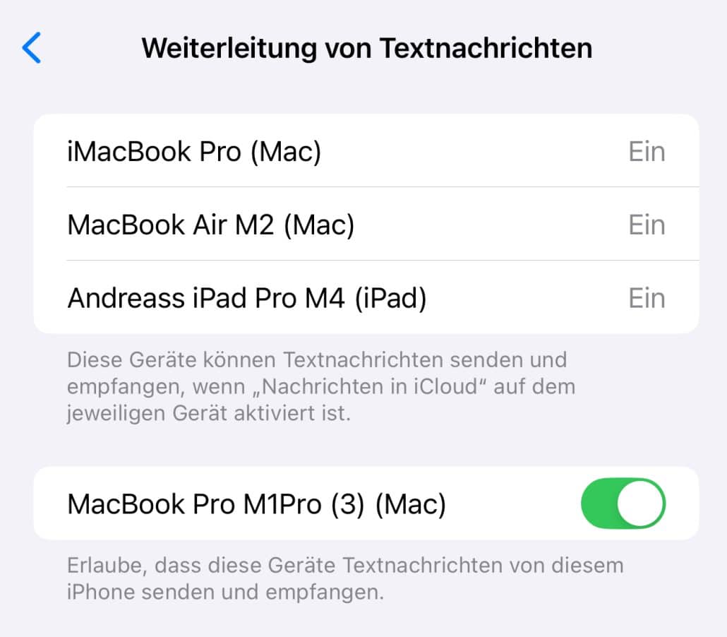 Einstellungen zur Textnachrichtweiterleitung auf Geräten