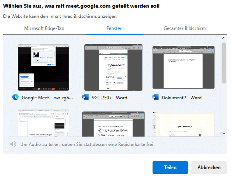 Bildschirmfreigabe-Optionen in Google Meet