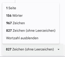 Statistik zu Seiten, Wörtern und Zeichen