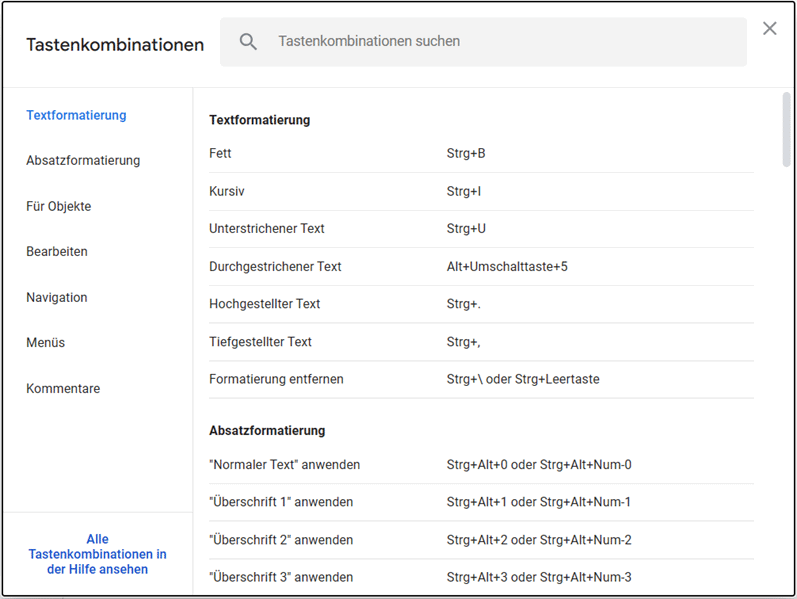 Tastenkombinationen für Textformatierung in Tabellen