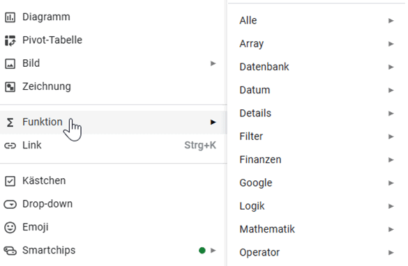 Menü mit Funktionsoptionen in Tabellenanwendung