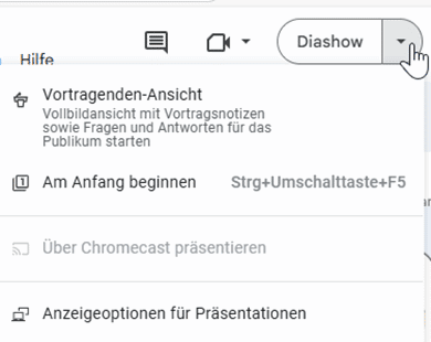 Menü für die Diashow mit Präsentationsoptionen