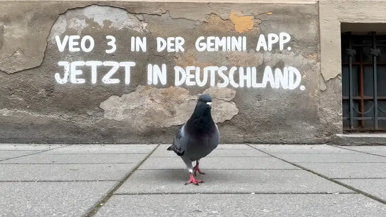 veo3 d Taube vor einer Wand mit Werbung