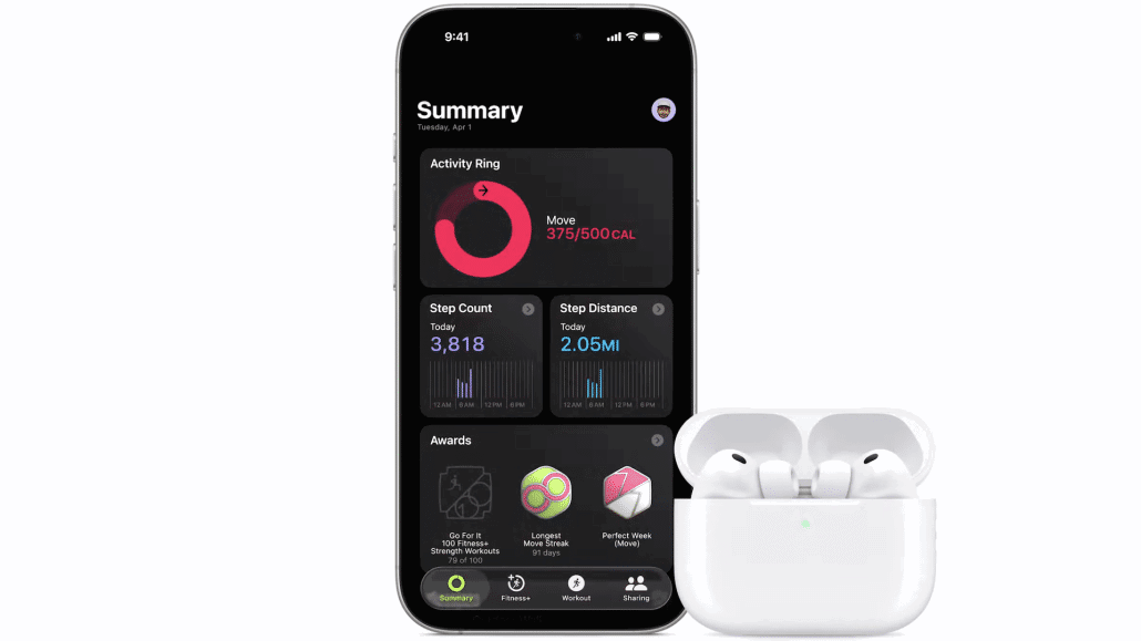 Aktivitätsübersicht mit AirPods im Vordergrund
