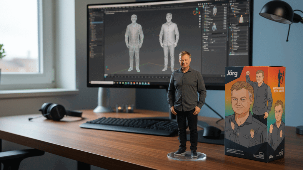 Mann mit Figurenmodell und Computer im Hintergrund.