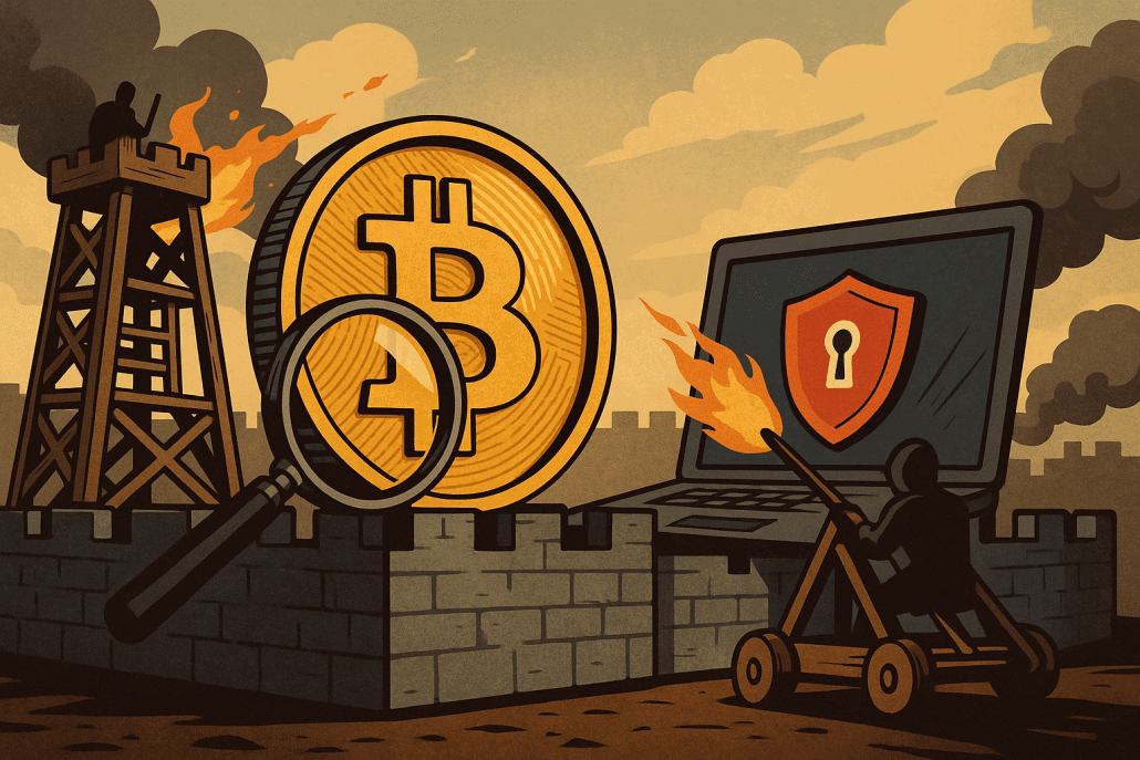 Bitcoin-Symbol neben Laptop und Verteidigungsanlagen.