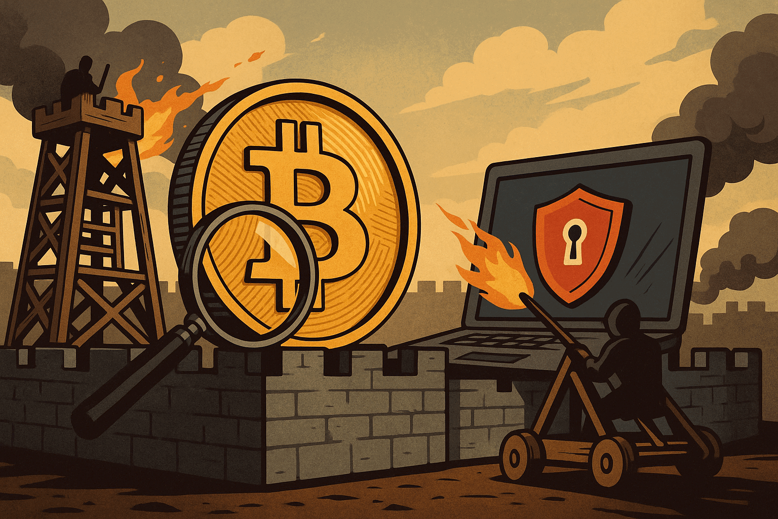 Bitcoin-Symbol neben Laptop und Verteidigungsanlagen.