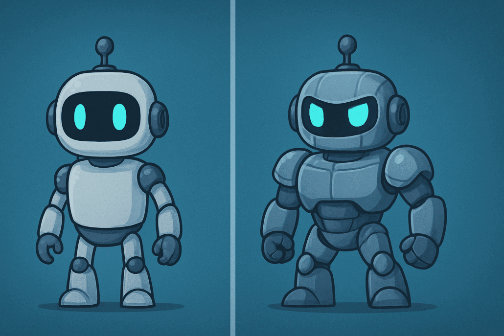 Zwei stilisierte Roboterfiguren auf blauem Hintergrund.