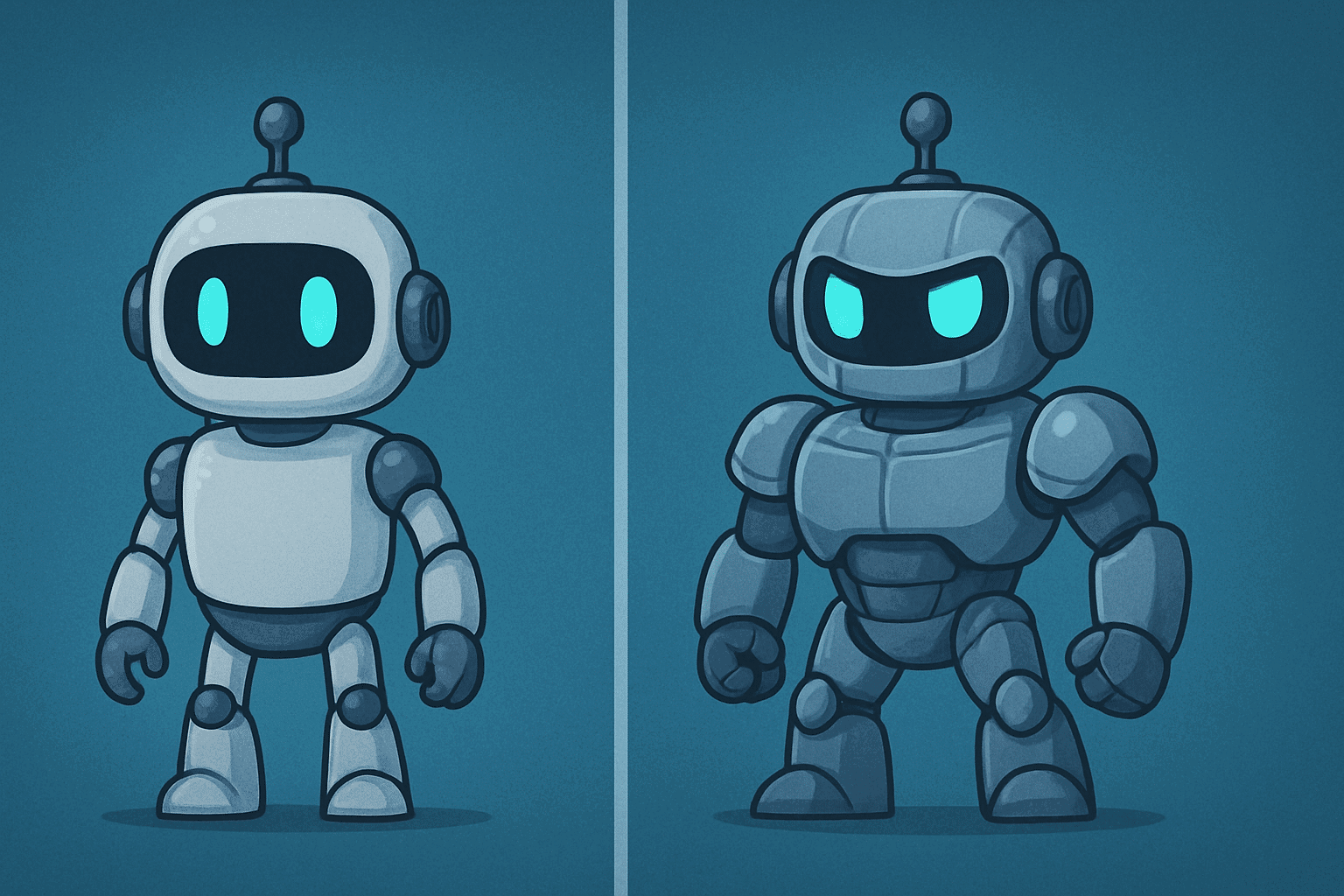 Zwei stilisierte Roboterfiguren auf blauem Hintergrund.