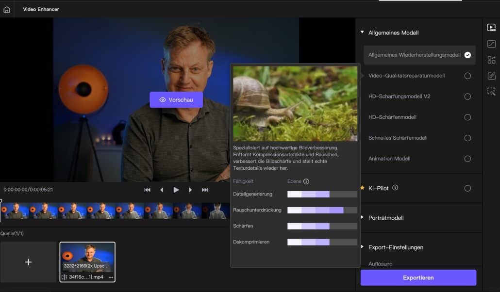 Videoverbesserung mit detaillierten Einstellungsoptionen