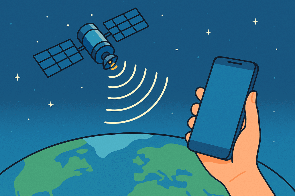 Satellite kommuniziert mit Smartphone über Erde.