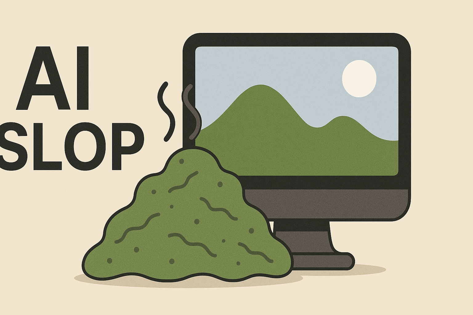 Computer mit unordentlichen Inhalten und Landschaftsbild.