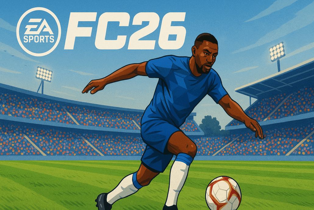 FC26 Spieler im blauen Trikot mit Ball