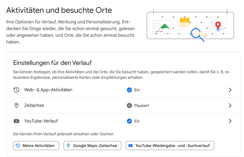 Einstellungen für Verlauf und persönliche Aktivitäten
