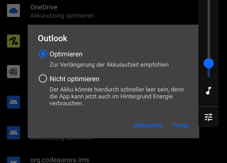 Energieoptimierungsoptionen für Outlook-App anzeigen