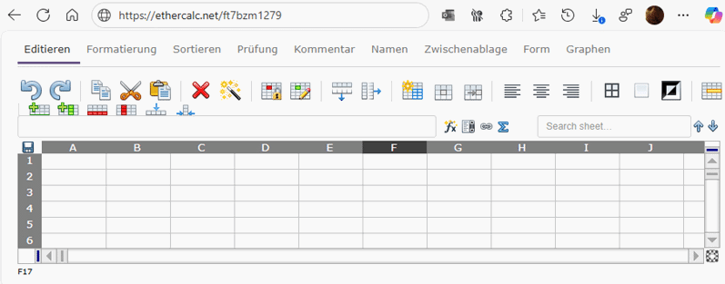 Ethercalc-Benutzeroberfläche mit Tabellenfunktionen.