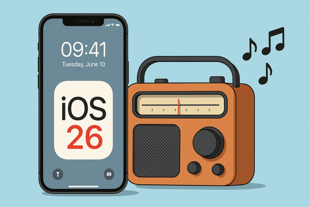 Smartphone zeigt iOS 26 und ein Radio